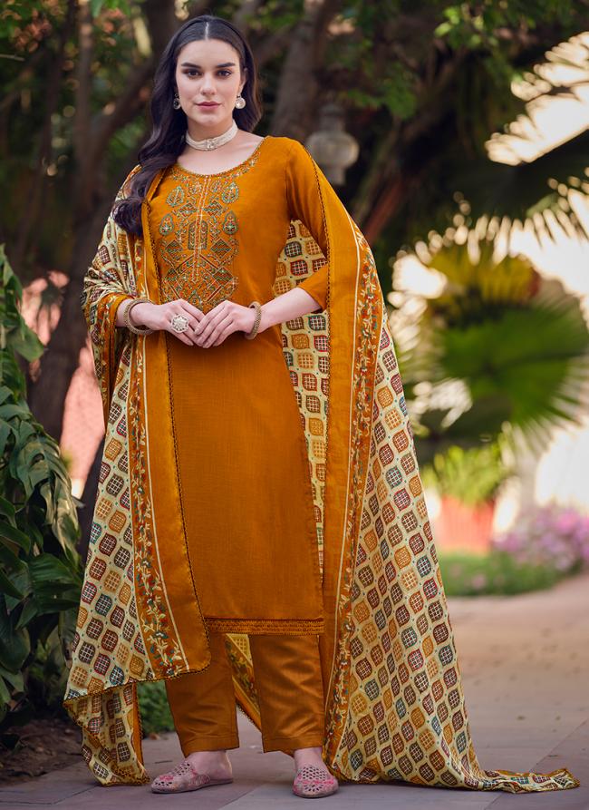 Viscose Rayon Yellow Casual Wear Swaroski Work Straight Salwar Suit 